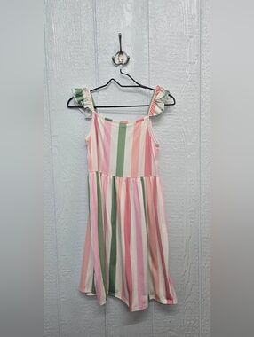 New 10/12 Girls' Pink & Green Striped Sundress with Ruffle Straps